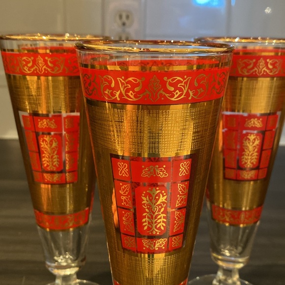 MCM vintage 60’s set of 4 Libbey’s Pilsner, beer, footed flutes, red & gold 10oz - Picture 4 of 17